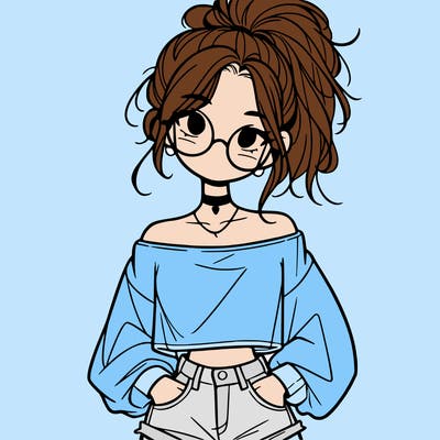 girl with a messy ponytail glasses a baggy crop top and jean shorts
