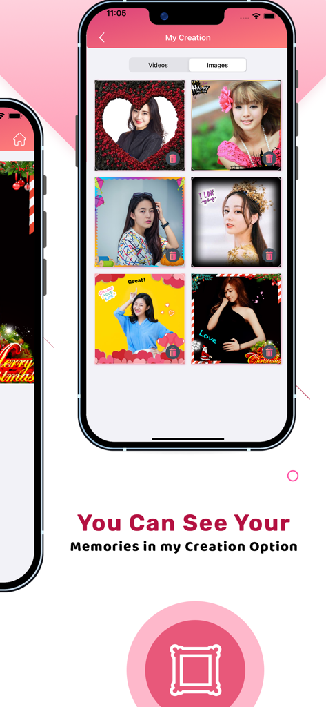 SnapFrame: Foto & Video Editor - SnapFrame mobile app gallery view showing several edited photos with decorative and themed frames
