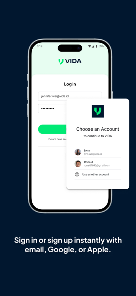 VIDA - Scan, e-Sign, e-Meterai - Tela de login do aplicativo VIDA mostrando opções de autenticação de e-mail e conta social