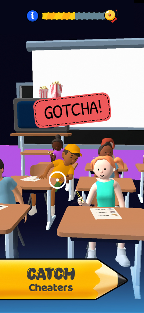 Teacher Simulator: Study Time! - Teacher Simulatorのゲームプレイ画面。教室でカンニングをしている生徒が捕まっている様子が表示されている。