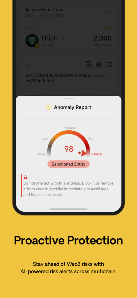 Interfaccia del wallet Coin98 che mostra un avviso di rischio di sicurezza basato sull'IA per un'entità sanzionata ad alto rischio