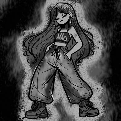 girl in baggy pants crop top and long hair
