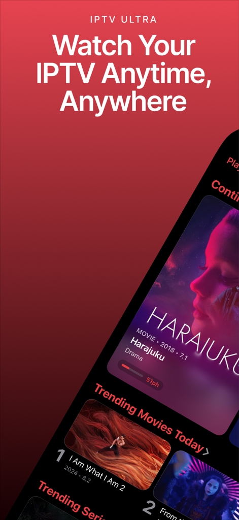 IPTV Ultra - IPTV Ultra mobile app interface displaying trending movies and series in dark mode with the headline Watch Your IPTV Anytime Anywhere