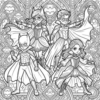 Step into a world where classic heroes meet dark fantasy with this captivating coloring page featuring children in intricate gothic superhero costumes. Explore a realm of Victorian elegance and iconic emblems, ready for your creative touch.