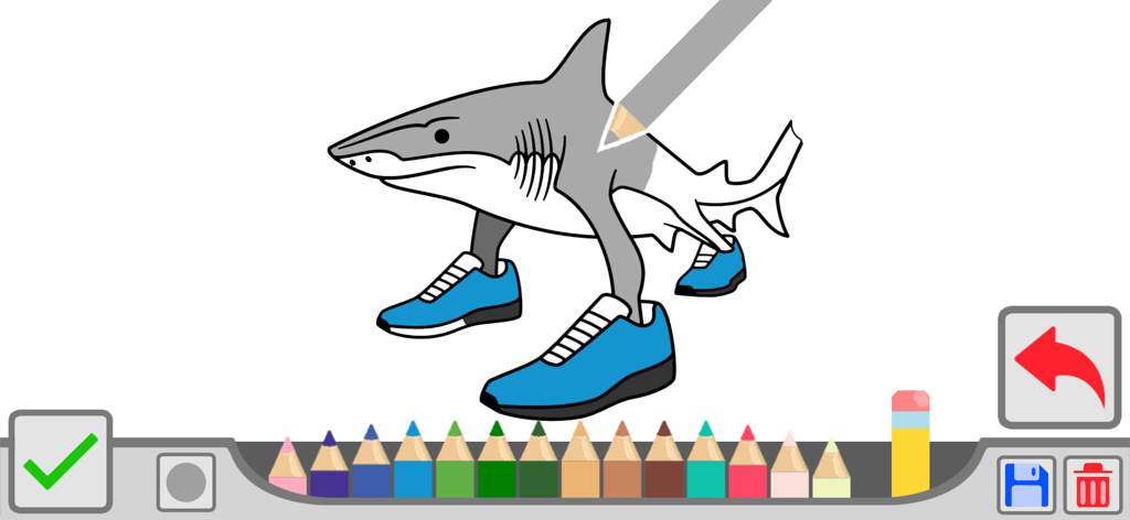 Página para colorear digital con un tiburón usando zapatillas azules
