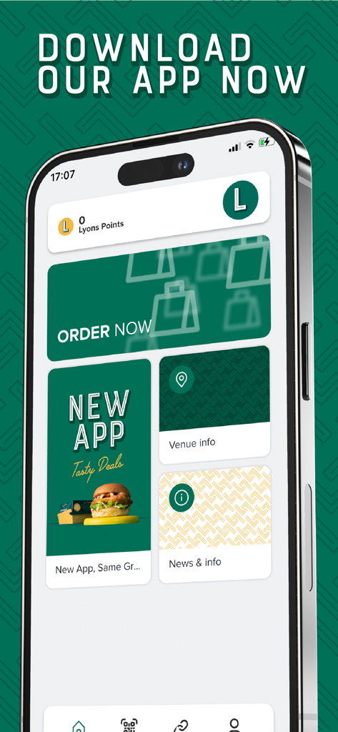 Lyons Takeaway mobile app home screen showing options for food ordering deals and loyalty points