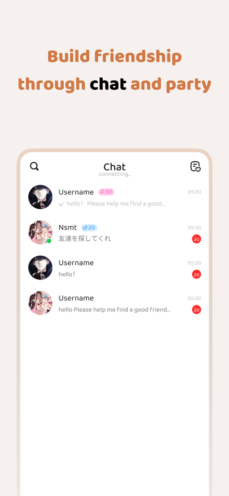 Mobile App-Oberfläche von Intwo, die eine Chat-Liste mit verschiedenen Benutzerprofilen und Nachrichtenbenachrichtigungen anzeigt