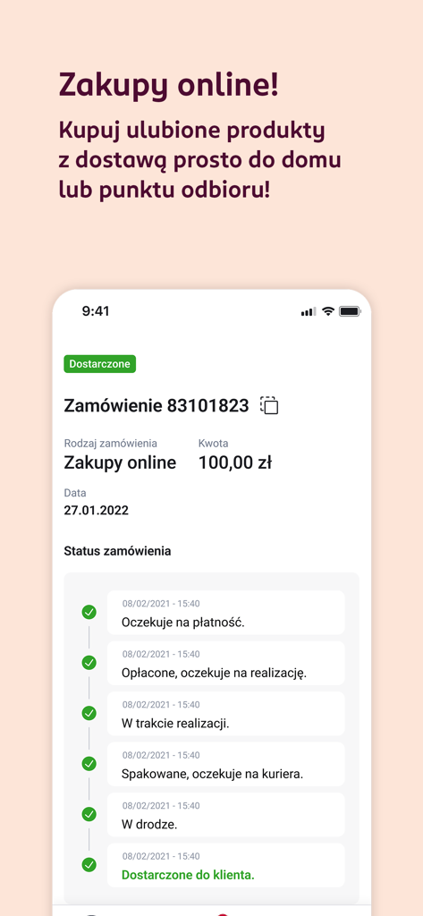 Interfaz de la app Rossmann PL mostrando el resumen del pedido en línea y el historial de seguimiento del envío