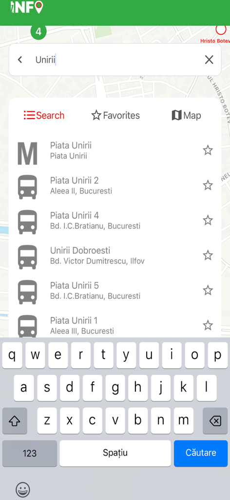 Search screen in the Info Transport Bucharest app displaying a list of transport stations for Unirii