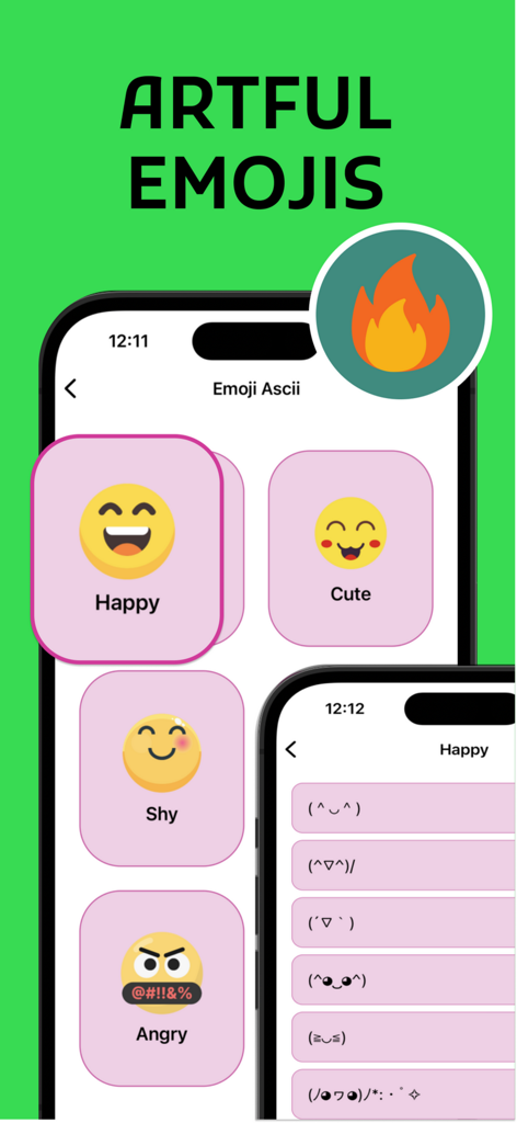 Whats Second Messenger 앱 인터페이스로 예술적인 이모티콘과 ASCII 텍스트 얼굴을 보여줍니다.