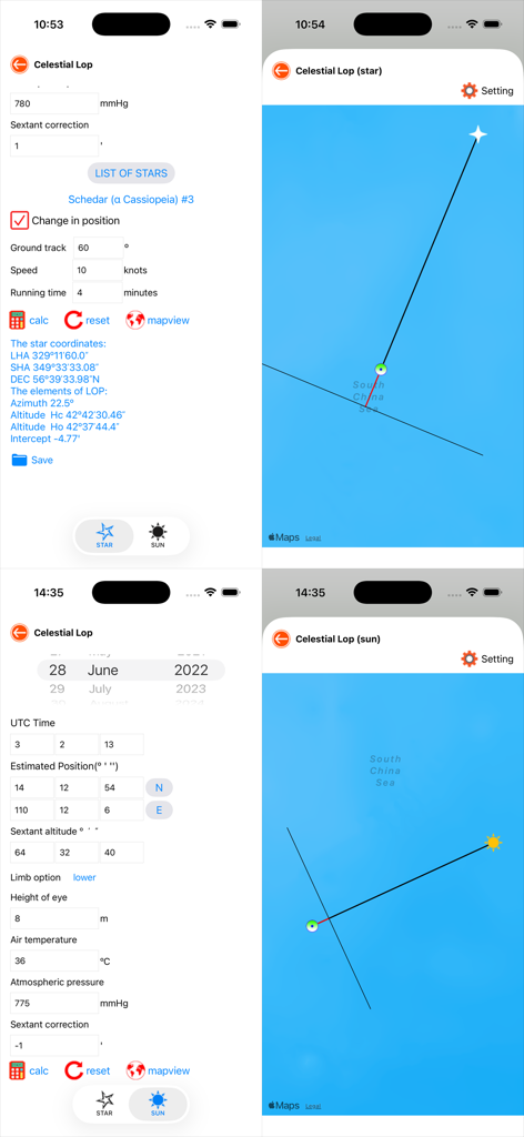 Nautical Calculator Preview - Screenshots of the Nautical Calculator Preview app showing celestial line of position calculations for stars and the sun with map views.