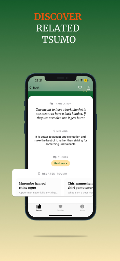 A mobile screen from the Tsumo app displaying a Shona proverb with its English translation, meaning, and a section for related proverbs.