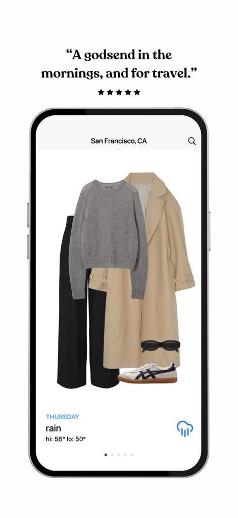 Daily Dress Me app interface showing a rainy day outfit recommendation with a trench coat and sweater for San Francisco weather