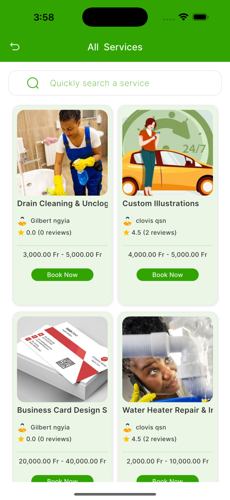 QwickServices - Screenshot of QwickServices app displaying a list of various home and professional services for booking