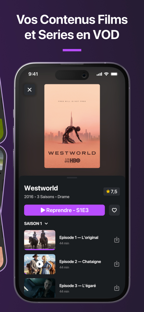 IPTV Smarter Player Pro mobile Oberfläche, die VOD-Serieninhalte und Episodenliste anzeigt