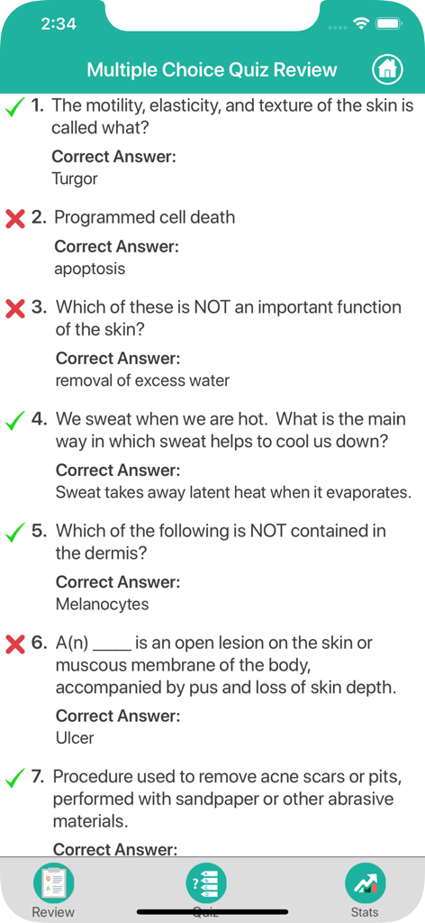 Anatomy : Integumentary System - 正解と不正解を表示する外皮系解剖学アプリの多肢選択式クイズの復習画面