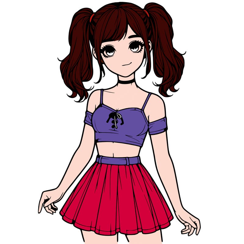 realistic girl in a skirt crop top and pigtails