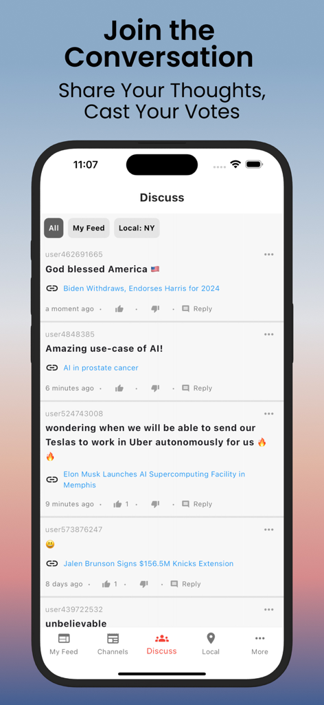 Pantalla de teléfono inteligente que muestra la pestaña de discusión de la aplicación LetMeKnow donde los usuarios comparten comentarios e interactúan con noticias resumidas.