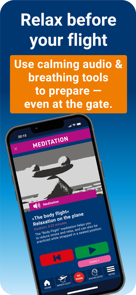PassengerGuard: Fear of Flying - Un smartphone mostrando una pantalla de meditación para audio relajante antes de un vuelo