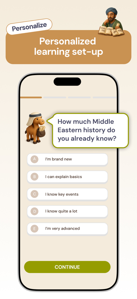 Archives - Islamic History - Pantalla de la aplicación que muestra la configuración de aprendizaje personalizado para la historia islámica con un cuestionario de evaluación de conocimientos.