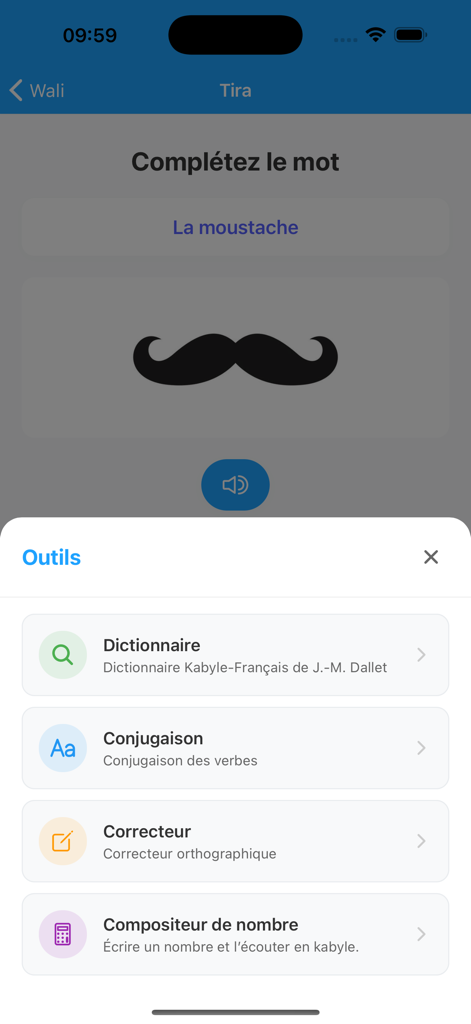 Lmed Taqbaylit - Lmed Taqbaylit app interface showing a Kabyle vocabulary exercise and a menu with language learning tools like a dictionary and conjugation guide