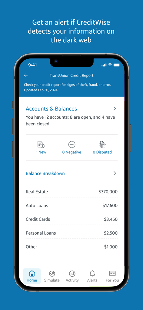 Capital One CreditWise - Capital One CreditWise mobile app displaying a TransUnion credit report summary with account balances and dark web alert messaging.