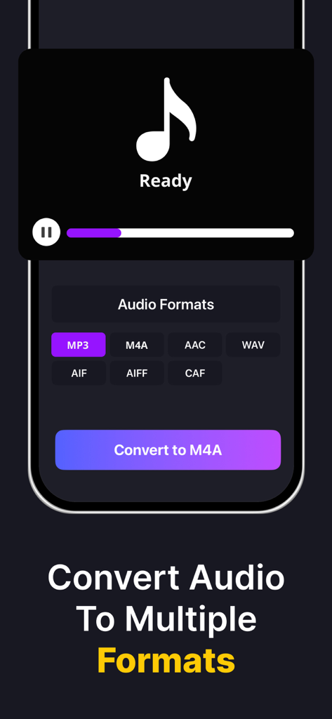 Audio Converter MP3 Converter - Mobile app interface showing various audio format options like MP3 M4A and WAV for conversion.