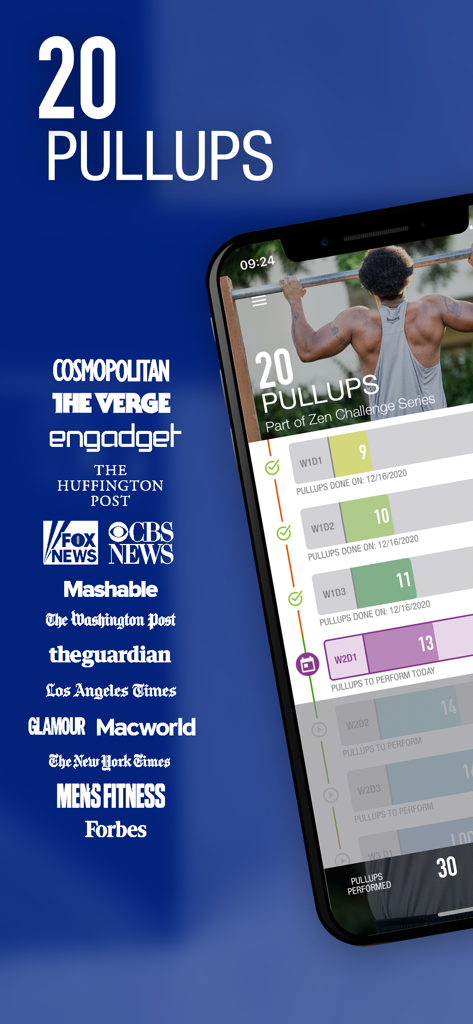 20 Pull Ups Trainer Challenge - 20 Pull Ups Trainer Challengeアプリの画面。ワークアウトの進捗ログとForbesやThe New York Timesなどの主要なニュース出版社のロゴが表示されています。