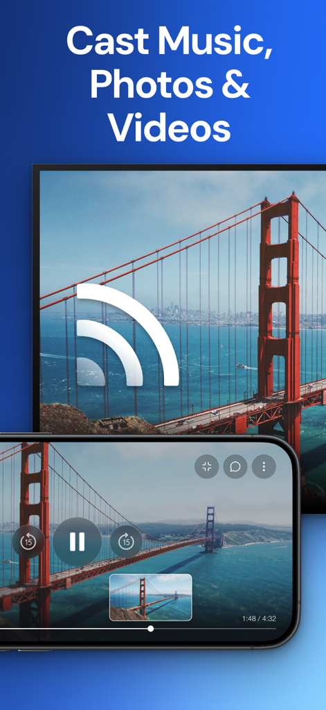 Universal Remote Control TV ・ - Una pantalla de iPhone que muestra controles de reproducción multimedia emitiendo un vídeo del Golden Gate Bridge a un televisor inteligente