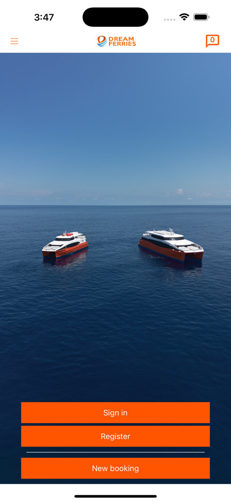 Dream Ferries - Dream Ferries app home screen showing two orange ferries on the ocean with booking options.