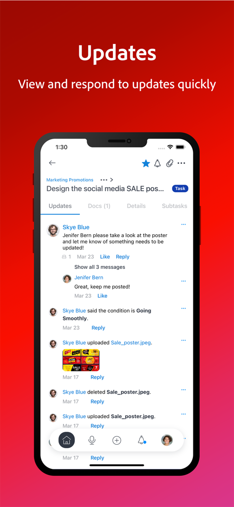 チームのコラボレーションコメントと添付ファイルを含む、リアルタイムのプロジェクト更新フィードを表示するAdobe Workfrontモバイルアプリのインターフェース