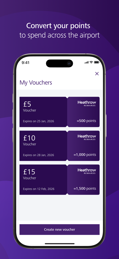 보상 포인트로 사용할 수 있는 쇼핑 및 식사 상품권을 보여주는 Heathrow 공항 앱 스크린샷