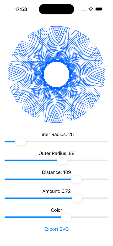 Spirograph Drawing - Interfaz de la aplicación Dibujo Espirográfico con un patrón geométrico azul y controles deslizantes