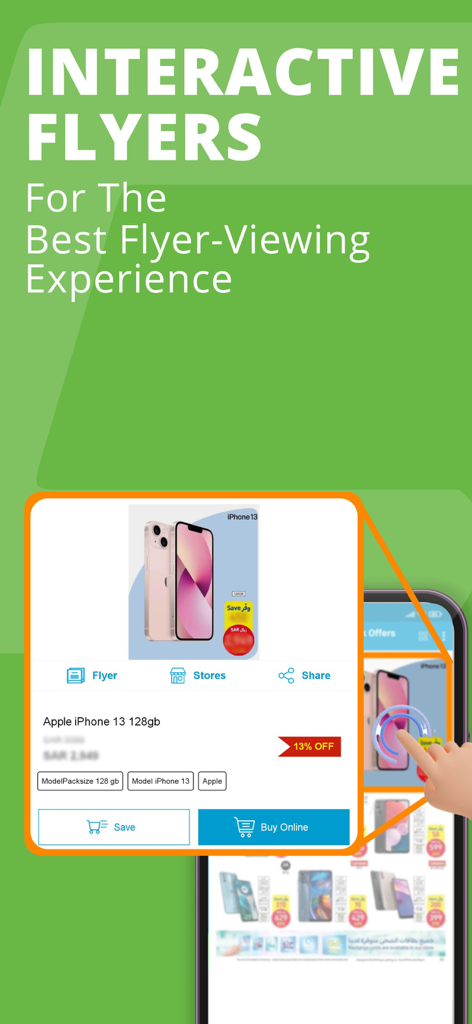 ClicFlyer: Weekly Flyer & Deal - ClicFlyer app interface showing interactive flyers and a discount on an iPhone 13