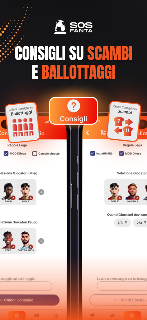 SOS Fanta -  Fantacalcio - Interfaz de la aplicación SOS Fanta para consejos sobre intercambios y alineaciones de fútbol fantasy