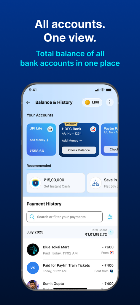 Interfaz de la aplicación Paytm que muestra una vista consolidada de saldos de múltiples cuentas bancarias y una lista detallada del historial de transacciones.
