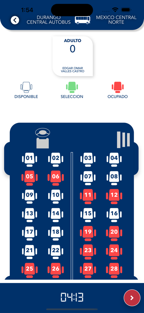 Omnibus De México - Omnibus de Mexico bus seat selection screen showing available and occupied seats for a trip from Durango to Mexico Central Norte.