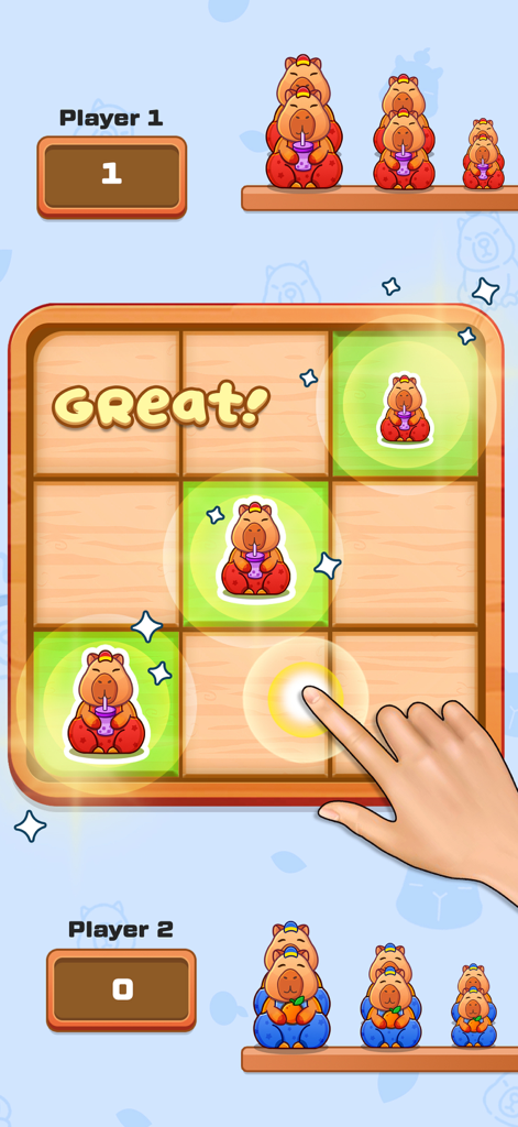 Capybara Relax Offline Games - A cozy 2D mini game featuring cute red and blue capybaras in a two player match on a wooden grid