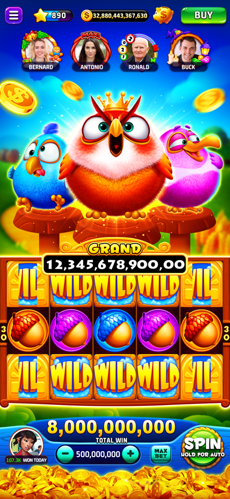 Cash Club Casino - Vegas Slots - Interfaz vibrante de máquina tragamonedas temática de pájaros en Cash Club Casino mostrando una gran ganancia de jackpot y símbolos comodín