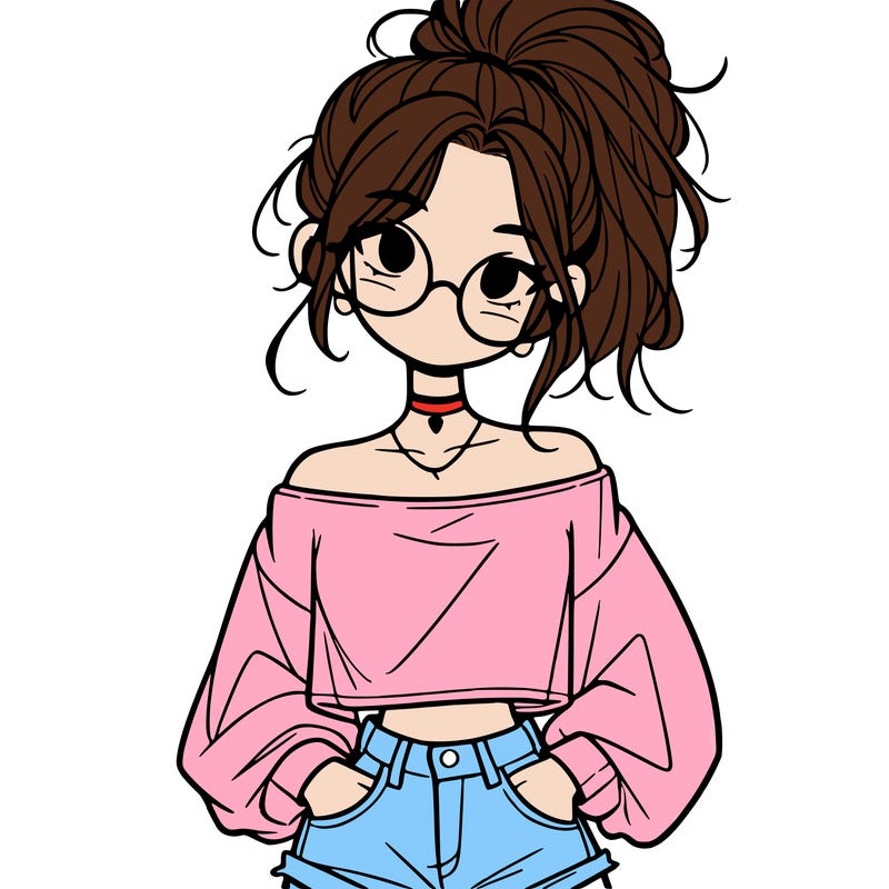 girl with a messy ponytail glasses a baggy crop top and jean shorts