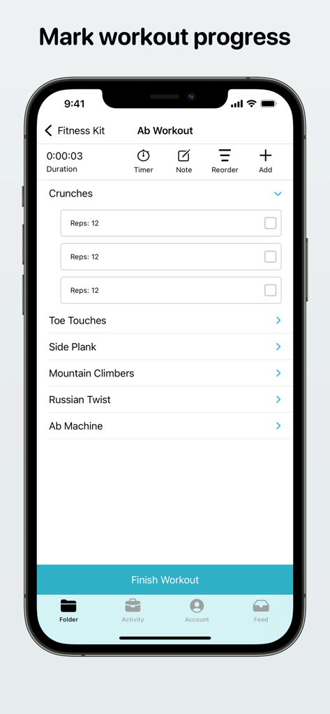 Mobile app screen for tracking an ab workout with sets and reps
