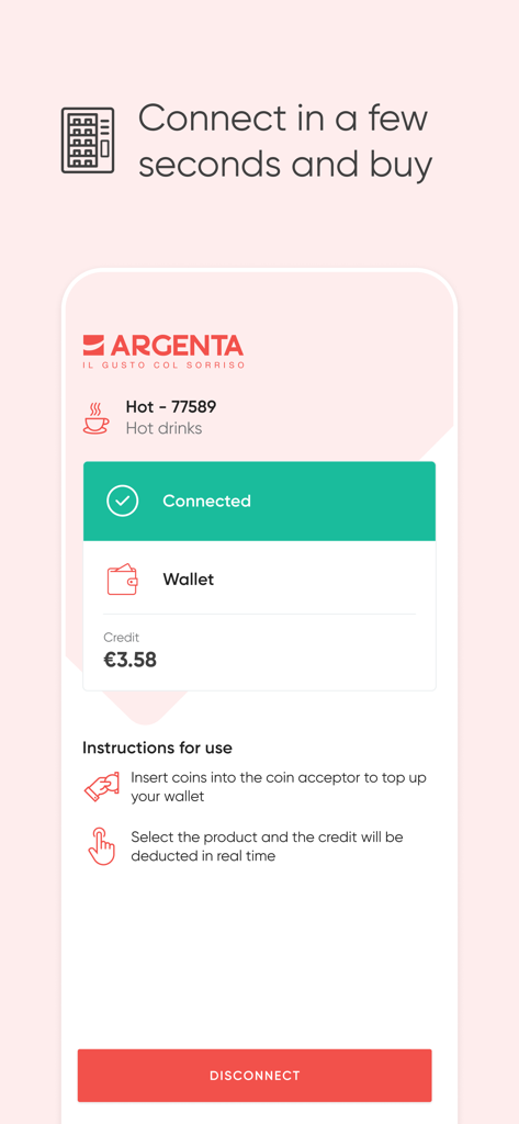 自動販売機への接続とデジタルウォレット残高を表示するArgentaアプリのインターフェース