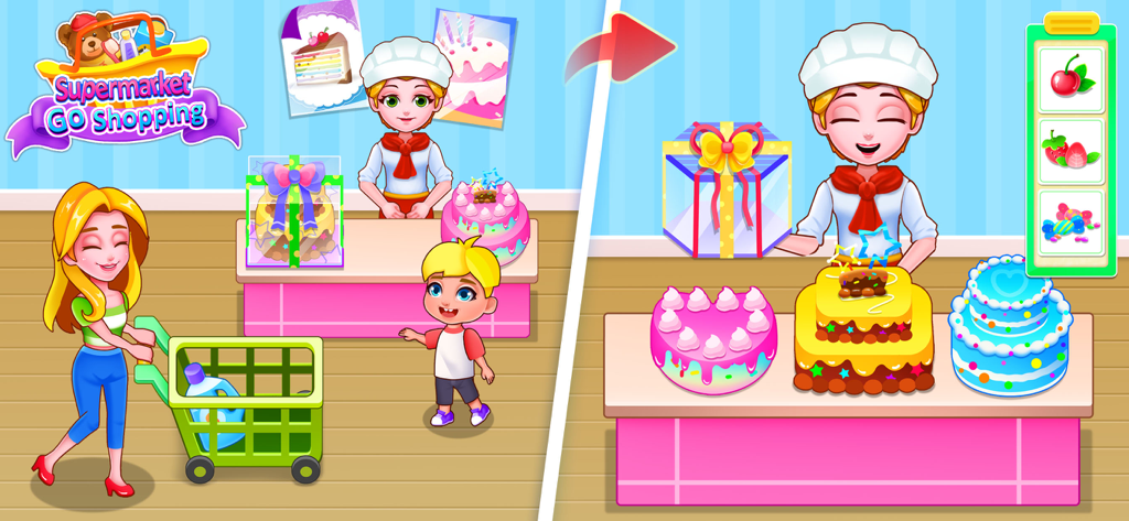 Supermarket Go Shopping - A mother and child at a supermarket bakery counter decorating colorful cakes.