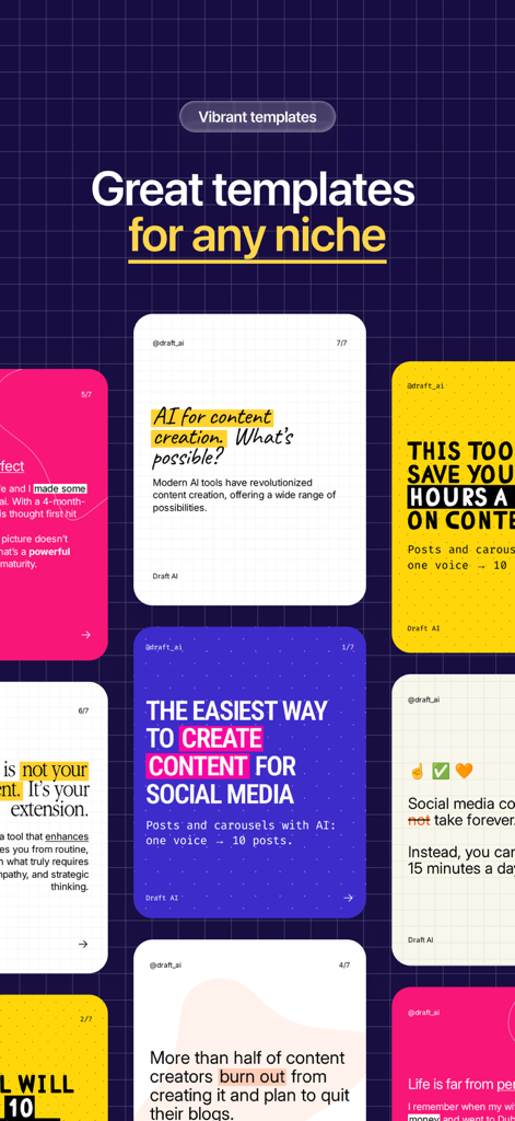 Carousel Posts Hooks: Draft AI - Uma coleção de modelos de carrossel vibrantes e profissionais para vários nichos de mídia social