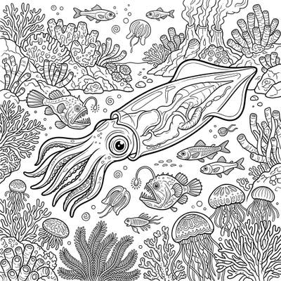 Uncover the mysteries of the deep ocean with this intricate full scene coloring page featuring a magnificent glass squid. Engage your creativity as you bring to life an underwater world filled with unique marine creatures and detailed coral reefs.