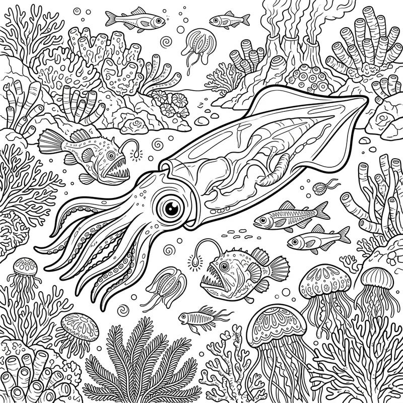 Uncover the mysteries of the deep ocean with this intricate full scene coloring page featuring a magnificent glass squid. Engage your creativity as you bring to life an underwater world filled with unique marine creatures and detailed coral reefs.
