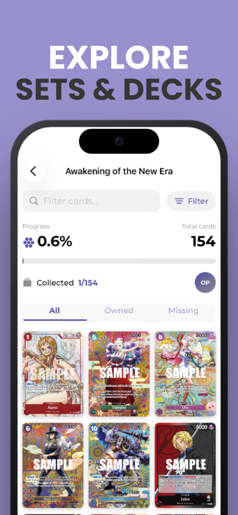 Nika TCG - Nika TCG mobile app interface displaying a One Piece card set collection progress and card gallery.