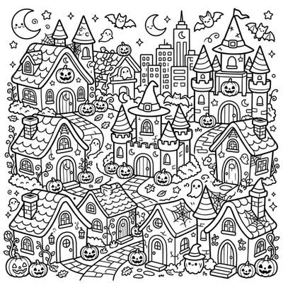 Get ready for an adorably spooky coloring adventure with this Kawaii Halloween architecture scene. Featuring charming houses, castles, and cityscapes filled with cute ghosts and pumpkins, it's perfect for a festive coloring session.