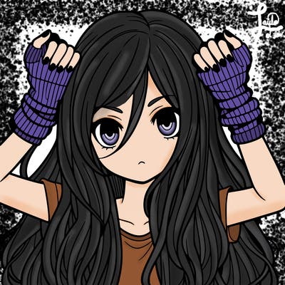 long haired girl with fingerless gloves