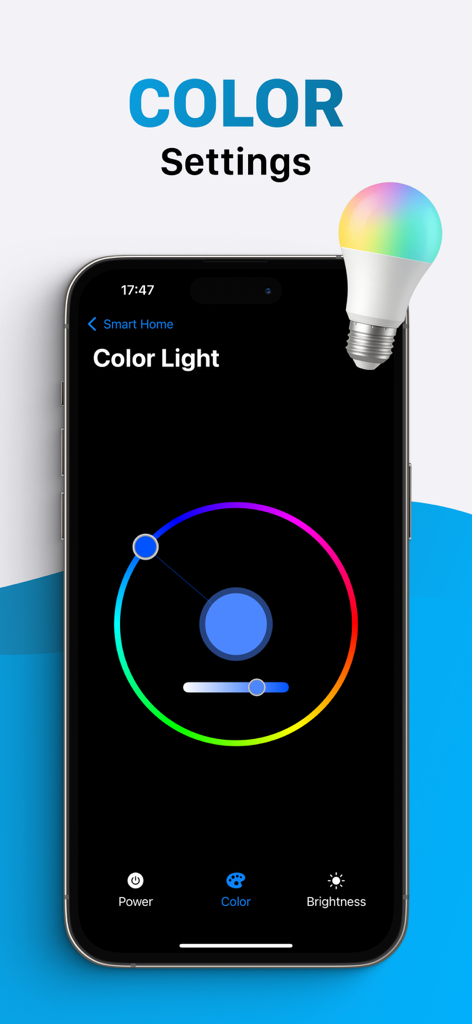 Interfaccia dell'App Smart Home Controller che mostra le impostazioni del colore per una lampadina intelligente con un selettore a ruota dei colori